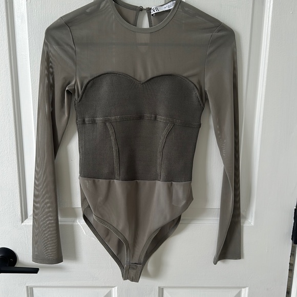 ZARA Mesh and Knit Bodysuit Olive Color - Picture 1 of 3